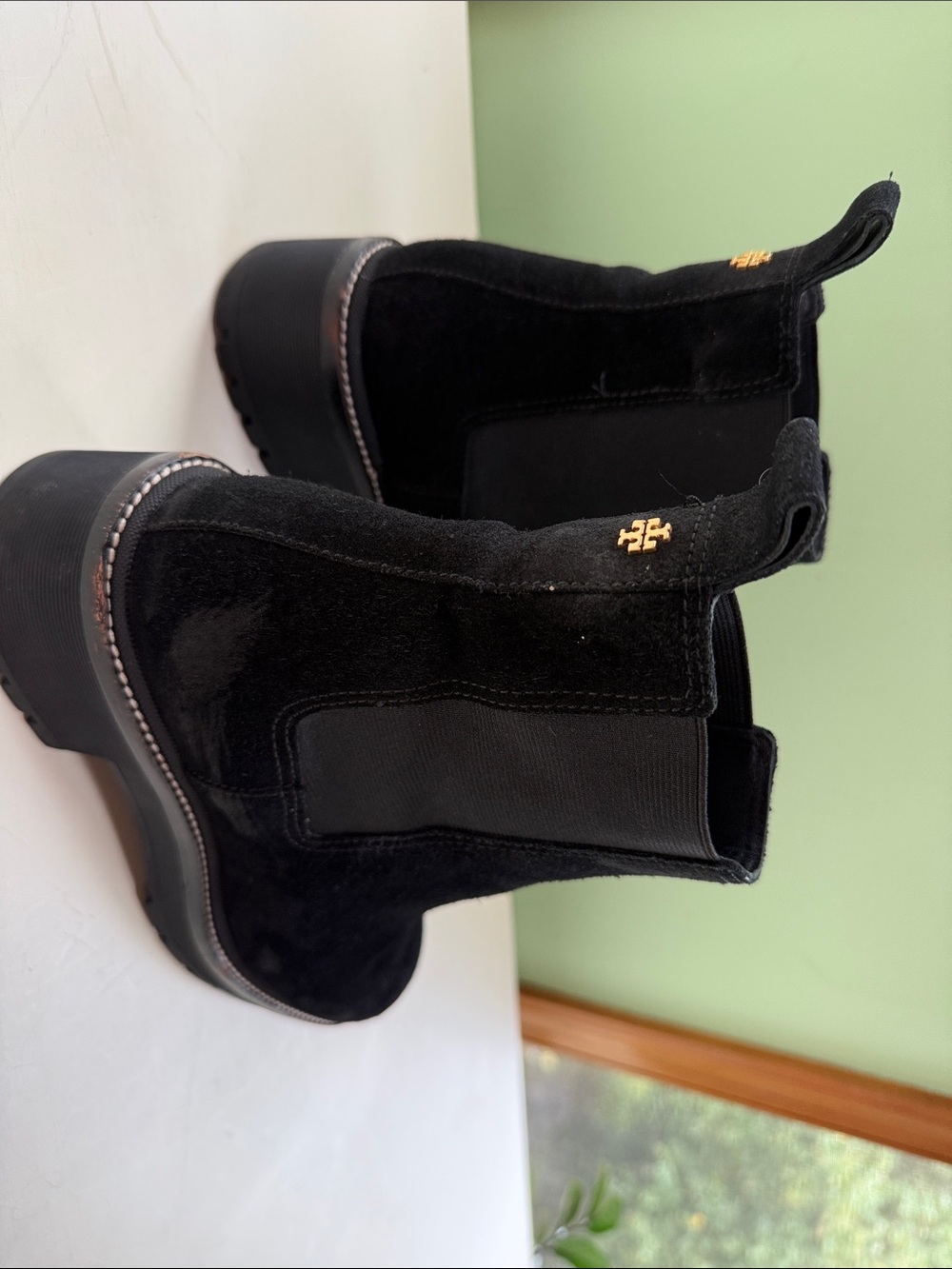 Tory Burch Black Suede Chelsea Lug Boots with Gold Logo